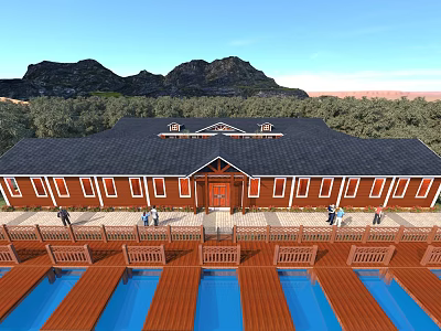 Red Guesthouse Building with Black Roof Wooden Boardwalk Blue Pools Surrounding Trees and Distant Mountains 3d model