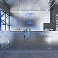 Modern Fitness Training Room With Illuminated Blue Grid Floor And Circular Logo