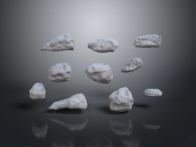 Creative Display Of Multiple Suspended Stones With Reflections On Gray Background 3d model