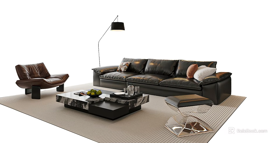 Modern Black Leather Sofa And Coffee Table Set With Floor Lamp Ottoman And Rug 3d model 