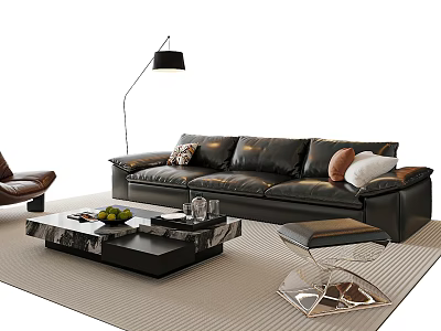 Modern Black Leather Sofa And Coffee Table Set With Floor Lamp Ottoman And Rug 3d model