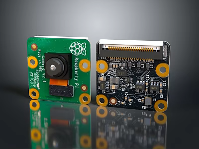 Raspberry Pi Camera Module And Black Circuit Board With Electronic Components And Mounting Holes 3d model