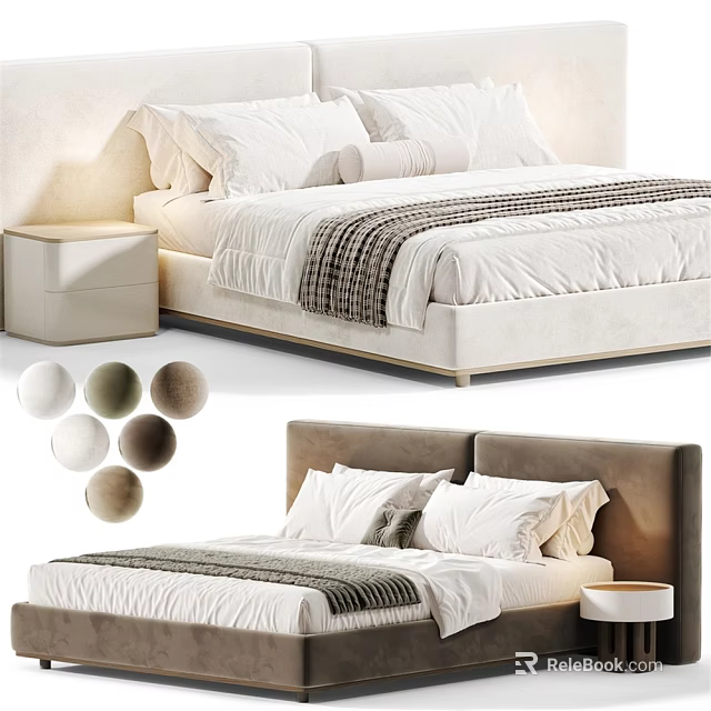Modern Double Bed With White Bedding Pillows Upholstered Headboard Nightstand And Color Options 3d model 