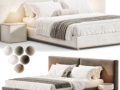Modern Double Bed With White Bedding Pillows Upholstered Headboard Nightstand And Color Options 3d model
