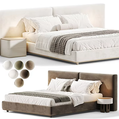 Modern Double Bed With White Bedding Pillows Upholstered Headboard Nightstand And Color Options 3d model