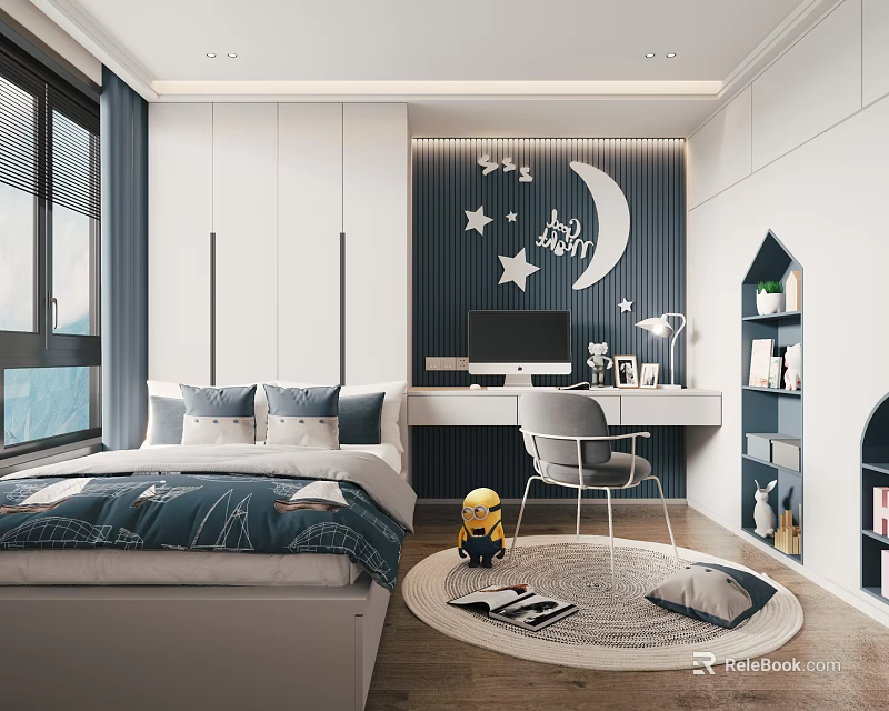 Tatami Bedroom Design With Blue Bed Moon Star Wall Decor And Wooden Floor 3d model 