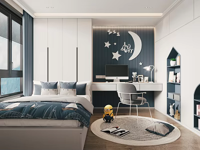 Tatami Bedroom Design With Blue Bed Moon Star Wall Decor And Wooden Floor 3d model