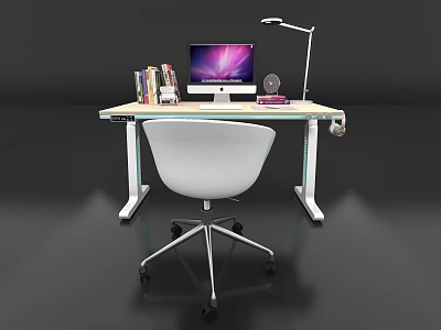 Modern Office Desk With Computer Monitor Desk Lamp Books And White Chair 3d model