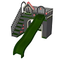 Playground Equipment Featuring Green Slide Stairs Railings And Red Roof Design