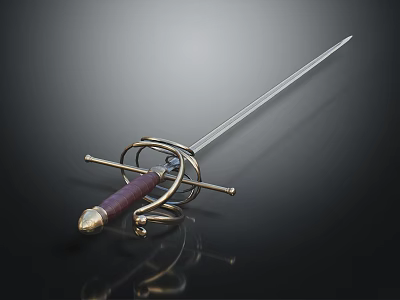 Classic Decorative Sword With Golden Hilt Guard Purple Handle And Long Slender Blade 3d model