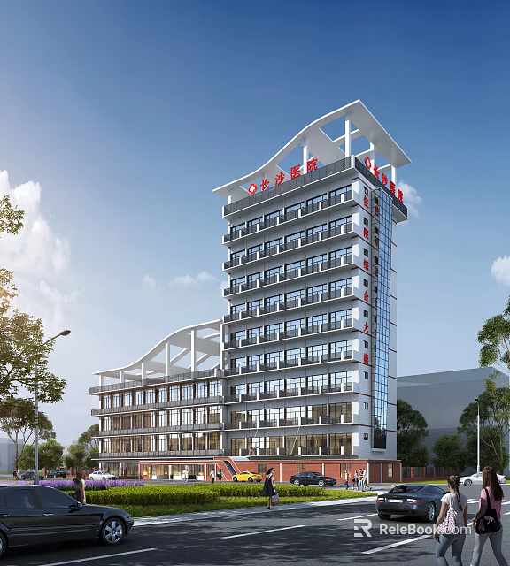 Modern Multi Storey Hospital Building Exterior With Glass Curtain Walls Red Signage And Trees 3d model 