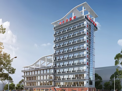 Modern Multi Storey Hospital Building Exterior With Glass Curtain Walls Red Signage And Trees 3d model