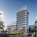 Modern Multi Storey Hospital Building Exterior With Glass Curtain Walls Red Signage And Trees