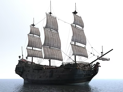 Old Sailing Ship With Sails Floating On Sea 3d model