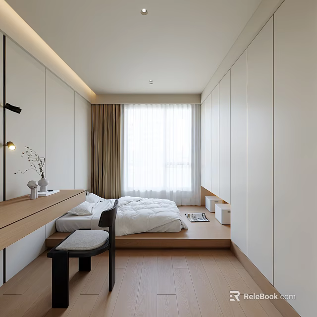 Minimalist Tatami Bedroom Interior With White Bedding Wooden Desk White Wardrobes And Curtains 3d model 