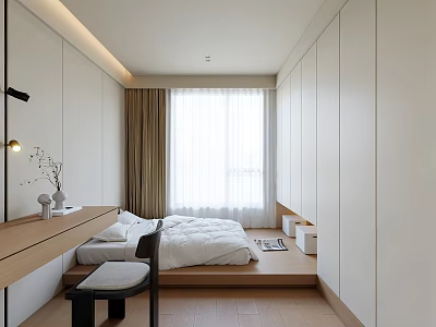 Minimalist Tatami Bedroom Interior With White Bedding Wooden Desk White Wardrobes And Curtains 3d model