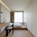 Minimalist Tatami Bedroom Interior With White Bedding Wooden Desk White Wardrobes And Curtains