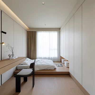 Minimalist Tatami Bedroom Interior With White Bedding Wooden Desk White Wardrobes And Curtains 3d model