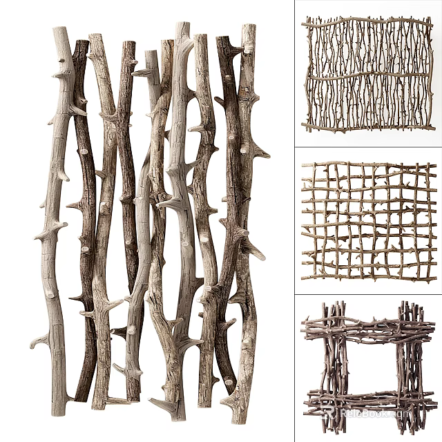 Natural Tree Branches Crafted Into Fences Woven Panels And Decorative Frames 3d model