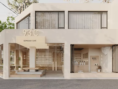 73℃ Espresso Cafe Modern Cream Colored Facade With Large Windows And Outdoor Seating 3d model