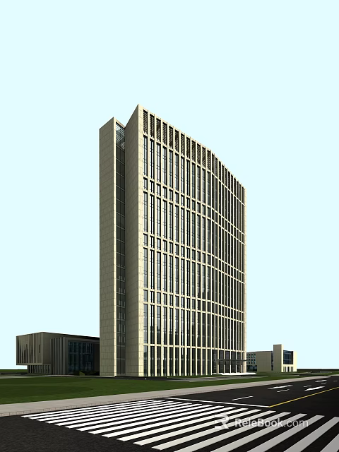 Modern Curved High Rise Office Building With Glass Facade And Grid Design 3d model 