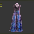 Elegant Women's Dress with Black Top Blue Rose Pattern Skirt and Necklace