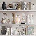 Modern Decorative Ornament Set With Vases Sculptures Books And Frames On White Shelves