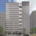 Modern Glass Office Building With Curved Facade Surrounded By Urban Skyscrapers And Greenery