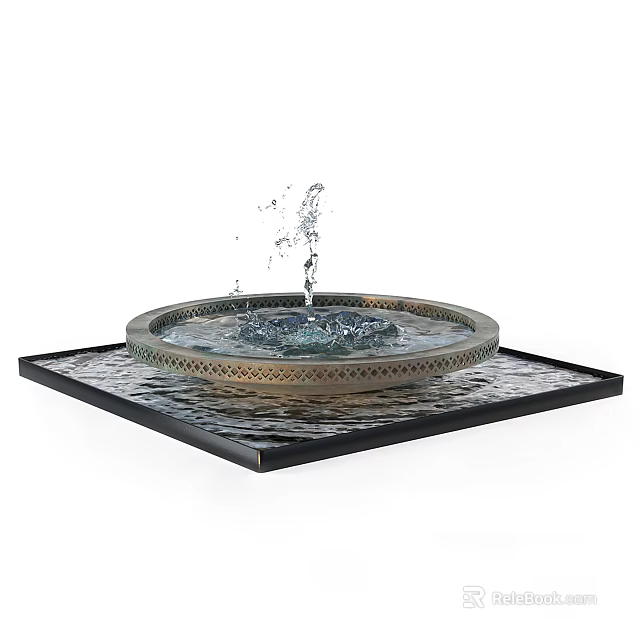 Garden Ornament Fountain With Round Basin Water Splashing And Square Base Design 3d model 