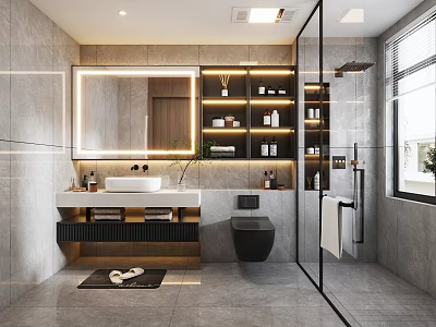Elegant Modern Bathroom Interior Design With Marble Vanity Backlit Mirror Toilet And Glass Shower Enclosure 3d model