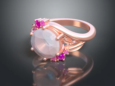Rose Gold Ring Featuring Large White Gemstone And Small Pink Accent Stones 3d model