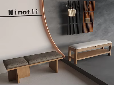 Modern Wooden Upholstered Shoe Bench With Wall Mounted Hangers Design 3d model