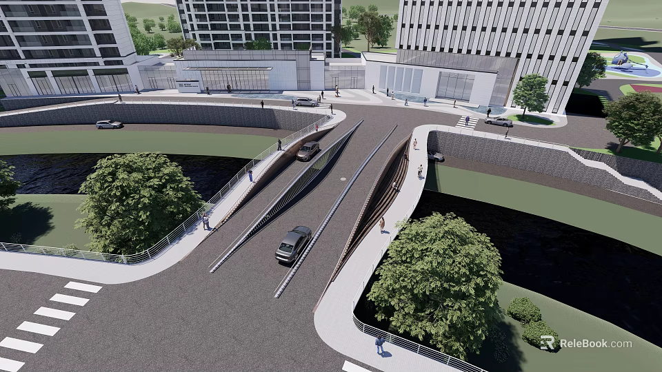 Landscape Bridge Connecting Urban Area With Vehicles Pedestrians And Green Trees 3d model 