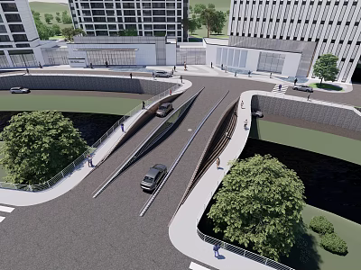 Landscape Bridge Connecting Urban Area With Vehicles Pedestrians And Green Trees 3d model