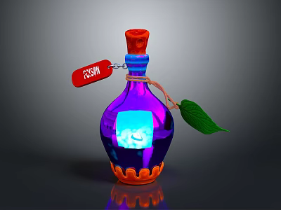 Colorful Poison Bottle With Red Cork Stopper Purple Blue Gradient And Green Leaf 3d model