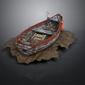 Old Red White Hull Water Transport Boat With Wooden Crate Orange Life Jacket On Mud