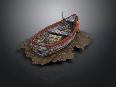Old Red White Hull Water Transport Boat With Wooden Crate Orange Life Jacket On Mud 3d model
