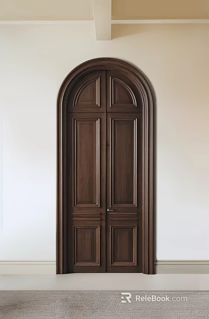 Dark Brown Wooden Double Doors With Arched Top And Panel Design For Interior 3d model 