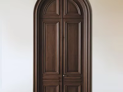 Dark Brown Wooden Double Doors With Arched Top And Panel Design For Interior 3d model