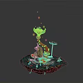 Colorful Frog On Green Island With Red Plant Small Mushrooms And Glowing Elements