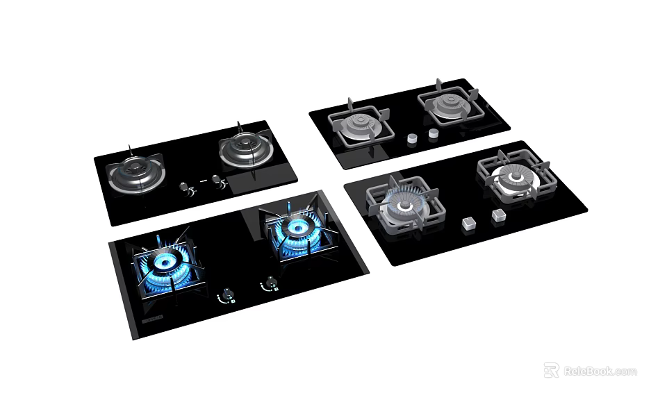 Modern Black Glass Gas Cooktops With Blue Flames And Multiple Burners 3d model 