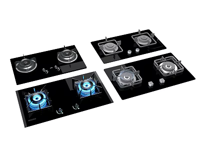 Modern Black Glass Gas Cooktops With Blue Flames And Multiple Burners 3d model