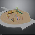 Children's Playground Structure With Sand Surface Green Slide Climbing Frame And Swings