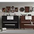 Modern Interior With Black Brown Pianos And Various Shaped Framed Paintings On Wall