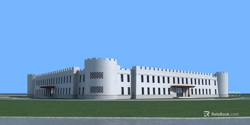Modern White Office Building With Symmetrical Design Multiple Windows And Front Lawn 3d model