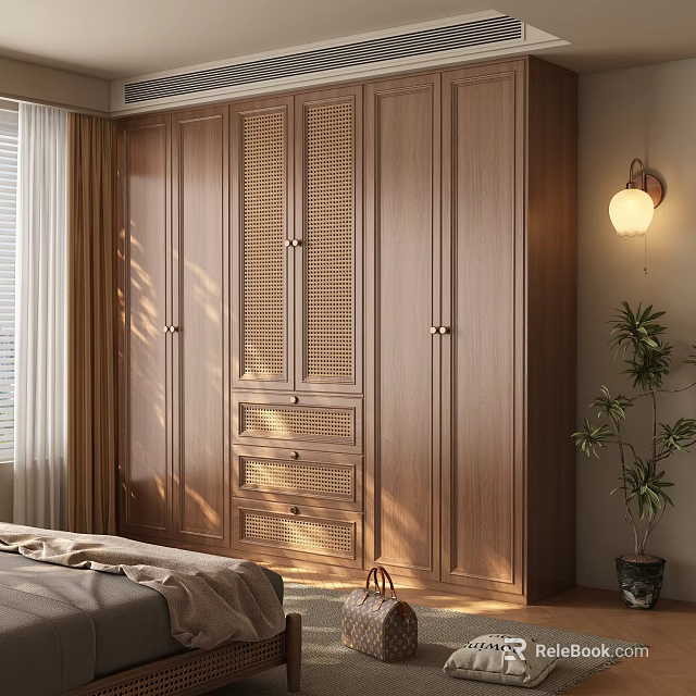 Modern Wooden Wardrobe With Rattan Doors And Drawers In Bedroom Interior 3d model 