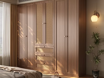 Modern Wooden Wardrobe With Rattan Doors And Drawers In Bedroom Interior 3d model