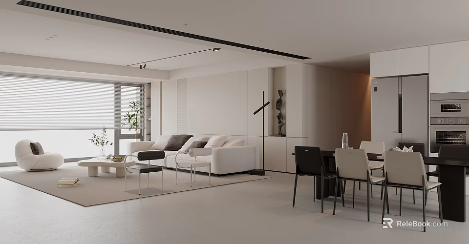 Modern Living Dining Room Interior With White Sofa Dining Table And Window Blinds 3d model