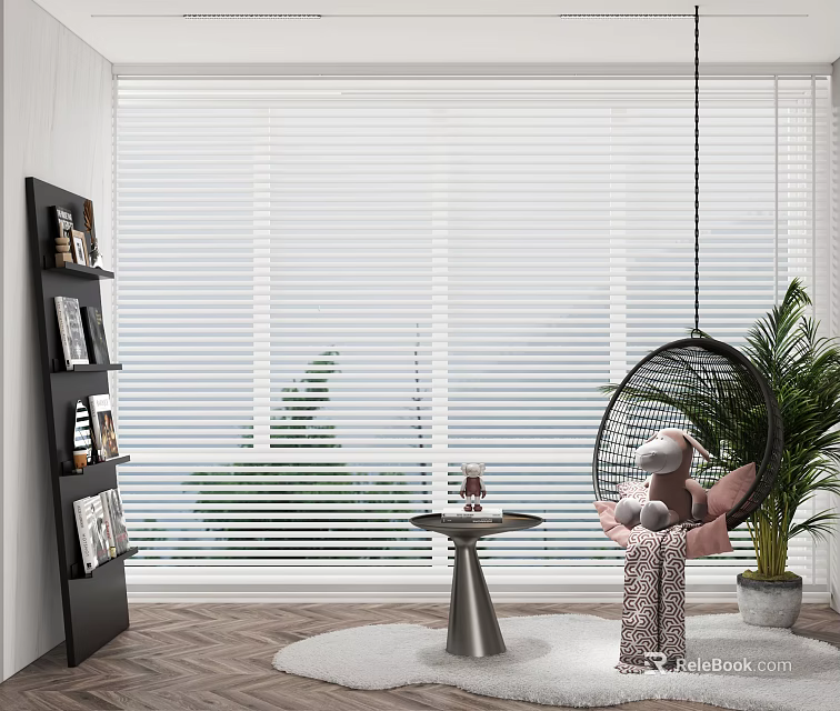 Stylish Black Round Hanging Chair In Modern Indoor Space With Side Table And Plants 3d model 