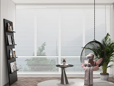 Stylish Black Round Hanging Chair In Modern Indoor Space With Side Table And Plants 3d model